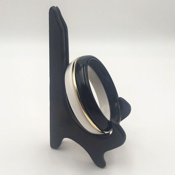 Vintage Black & White Acrylic Bangle Bracelet with Gold Metal Accent - Picture 3 of 4